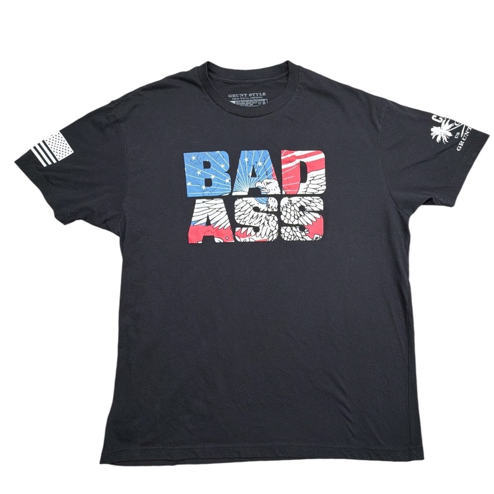 Grunt Style Bad Ass Graphic T-Shirt Mens 2XL Black Patriotic Eagle Flag Cotton
